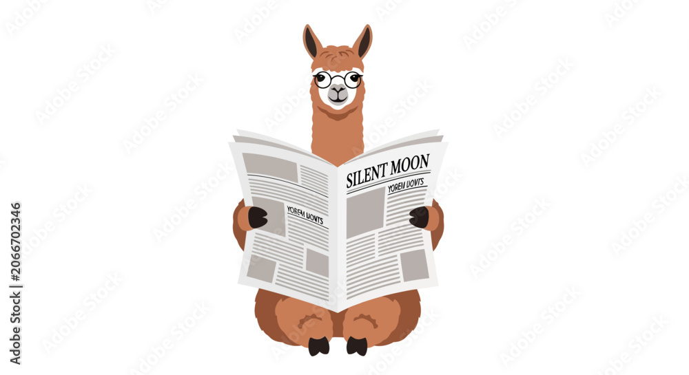 Fototapeta premium Cute Brown Alpaca Wearing Glasses Reading Newspaper