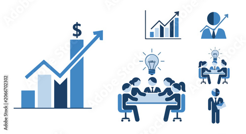 Obraz na płótnie This set of business icons includes various bar charts, people in meetings, and professional figures, all in a blue color scheme
