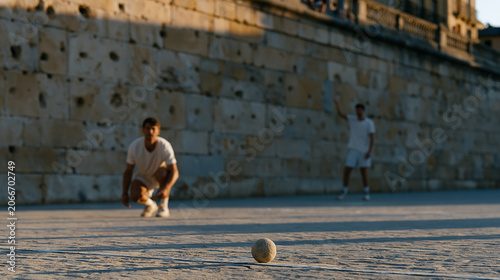 Basque pelota doubles match on an outdoor fronton at golden hour, one player crouched at the serving line while his partner calls the angle from the back, the old stone wall
