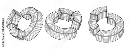 Abstract Geometric Mesh Circular Segments 3D Wireframe Render Isolated on White Background for Data Visualization and Digital Structural Analysis Concepts featuring Interconnected Curvilinear Grid