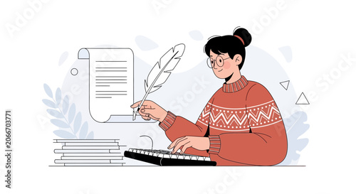 Creative Writing: Woman with Feather Quill and Keyboard Symbolizing Art of Storytelling and Modern Literature