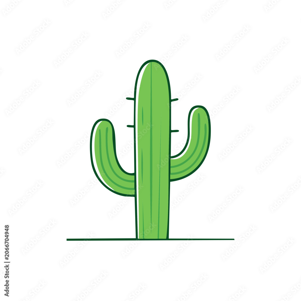 Fototapeta premium Simple green cartoon saguaro cactus standing tall on a flat line against a white background