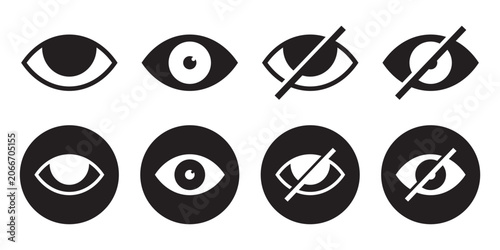 A show and hide or hidden files line art vector icons for apps and websites design. Eye button icon set with simple and modern design for hide and view buttons on the web. Vector illustration. Eps10