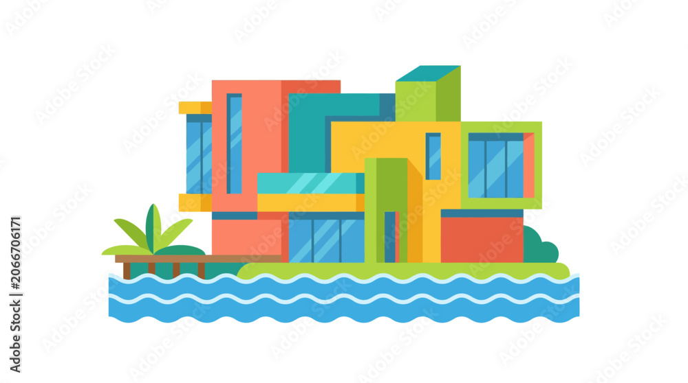 Fototapeta premium Colorful Modern House Over Water.