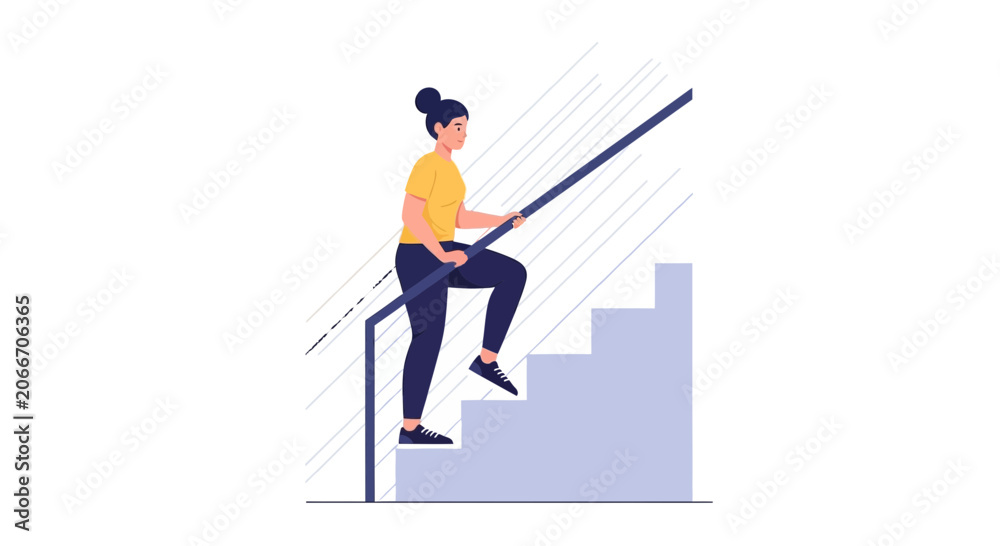 Fototapeta premium Woman climbing stairs, symbolizing progress, fitness, and achievement. Modern flat illustration with clean lines and a simple color palette.
