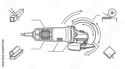 Canvas-taulu Technical diagram of angle grinder operation and rotational movement