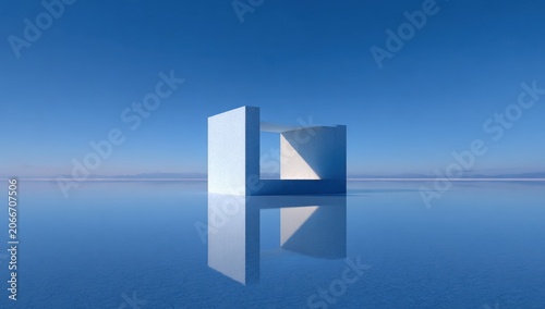 Minimalist White Structure Reflecting on Calm Water Under Clear Blue Sky.