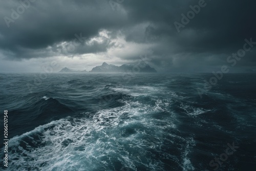 Dramatic Stormy Ocean Waves Under Dark Ominous Clouds.