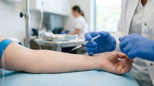 Medical procedure, blood draw, nurse administering injection, patient arm, doctor in clinic