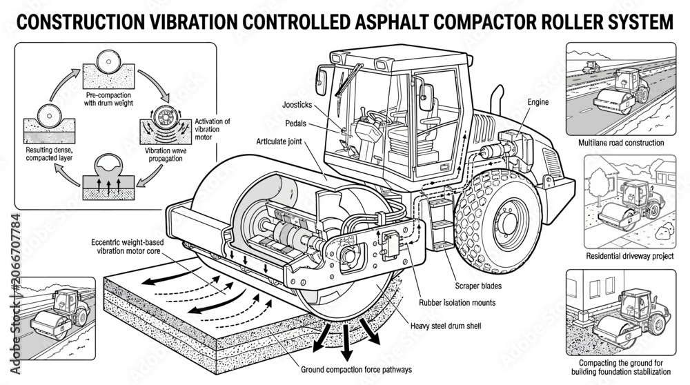 Obraz premium Vibration controlled asphalt compactor roller system technical drawing.