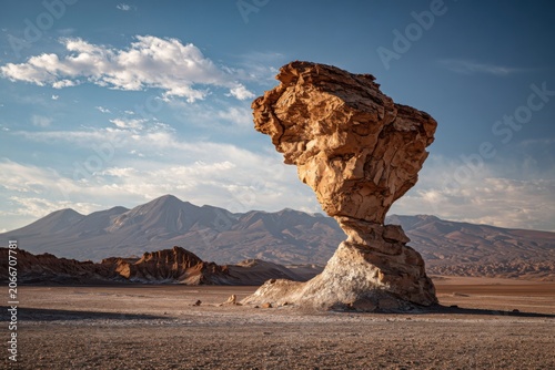 Unique Rock Formation in Arid Landscape Under Dramatic Sky.