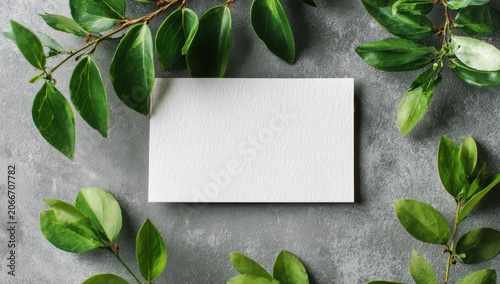 Blank White Card Surrounded by Lush Green Leaves on Textured Gray Background.