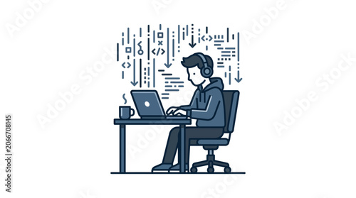 A young programmer wearing headphones while coding on a laptop at his desk.