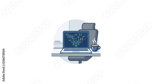 A laptop displaying data analytics on a desk with a steaming coffee cup.