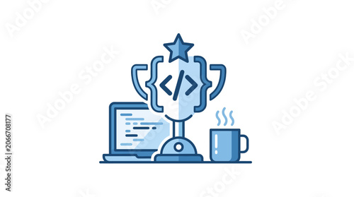 An illustration of a coding trophy next to a laptop and a coffee mug.