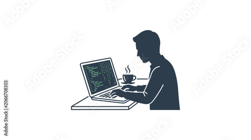 A silhouette of a person working on a laptop with a cup of coffee.