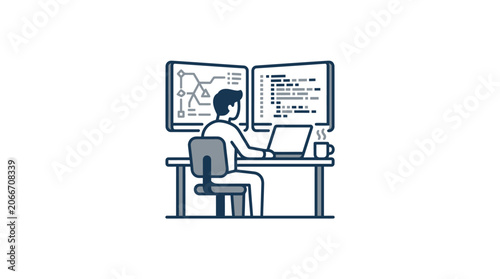 A professional software developer working at a desk with multiple computer monitors.