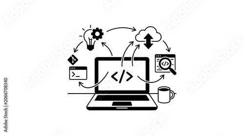 A black and white illustration of a laptop surrounded by software development icons.