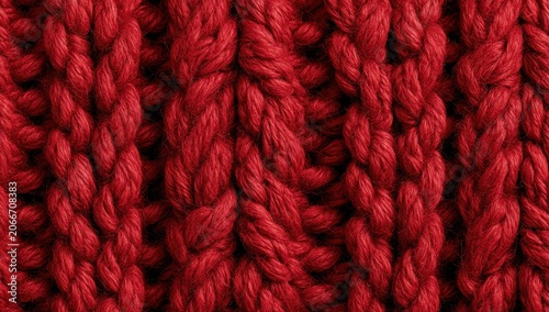 Close-up Macro Shot of Thick Red Knitted Wool Fabric Texture.