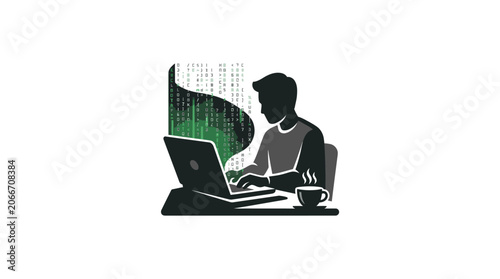 A silhouette of a person working on a laptop with a cup of coffee.