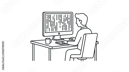 A line art illustration of a person sitting at a desk and working on a computer.
