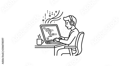 A line art illustration of a young programmer coding on a laptop while wearing headphones.