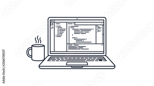 A simple line art illustration of a laptop computer and a steaming cup of coffee.