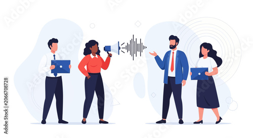 Diverse business team communicating ideas and messages with megaphone and sound waves, vector illustration
