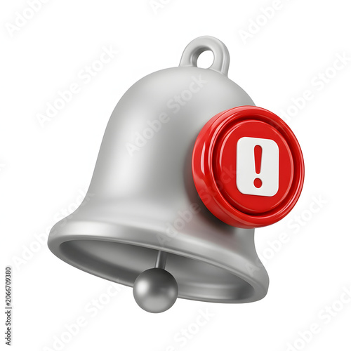 Silver notification bell icon featuring a bright red alert badge with a white exclamation mark symbol