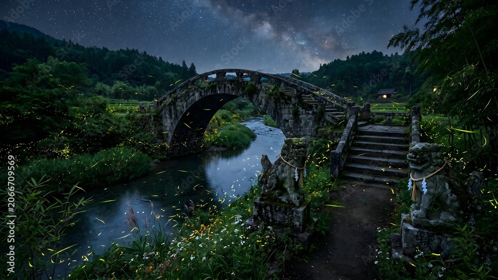 Fototapeta premium A magical summer night by a Japanese river filled with glowing fireflies under a starry Milky Way sky, featuring an ancient stone bridge and traditional stone guardian dog statues.