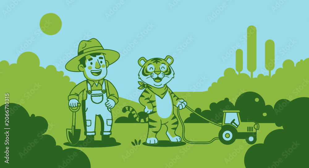 Fototapeta premium Cartoon farmer and tiger operating lawn mower in garden