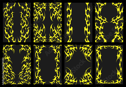 Abstract neo tribal frames collection. Symmetrical Y2K tattoo style borders for posters, covers and graphic design