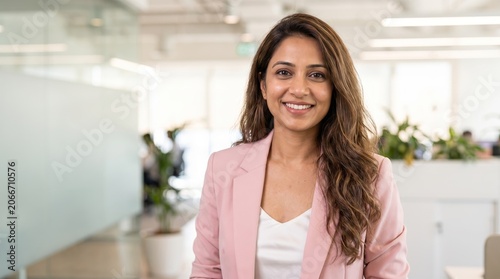Confident young businesswoman in a stylish pink jacket smiling warmly in a contemporary office setting. Corporate success, female entrepreneur, and professional workspace.