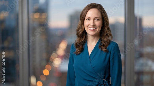 Portrait of a smiling professional woman in a blue dress standing by a large office window overlooking a city skyline. Corporate executive headshot.