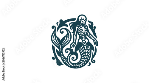 Skeleton mermaid mythical creature nautical emblem design