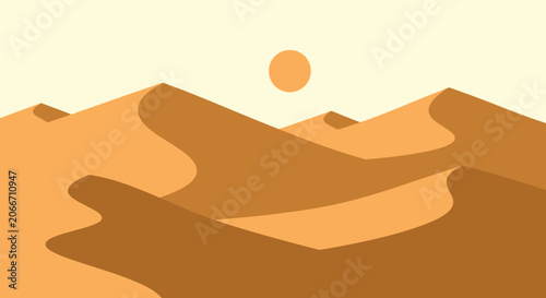 Stylized desert landscape with rolling sand dunes and sun