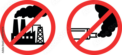 No Air Pollution Prohibited Sign Set with Factory Smoke Chimney and Car Exhaust Pipe Emissions Symbols for Environmental Protection and Green Ecology Safety Warning LabelsNo Air Pollution Prohibited S