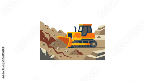 Yellow bulldozer clearing earth in a construction site flat illustration
