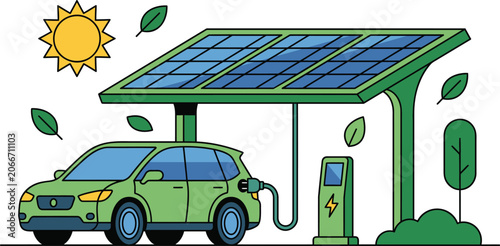 Green electric car charging at a solar powered charging station illustration