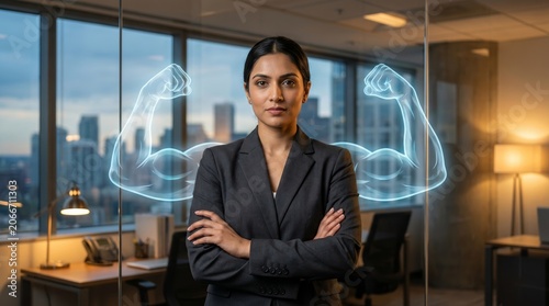 Strong businesswoman in a grey suit standing in a boardroom with neon muscular arms drawn behind her. Representing formidable female leaders and business success.