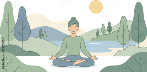 Peaceful Woman Practicing Yoga Meditation in a Serene Nature Landscape with Trees and Lake Background