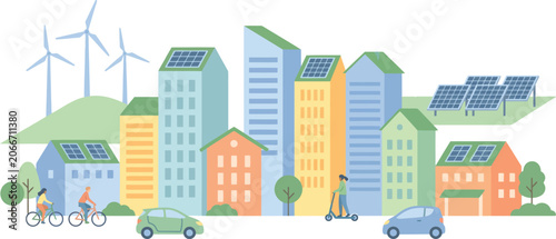 Green city illustration sustainable urban life with solar, wind energy, and eco-friendly transport