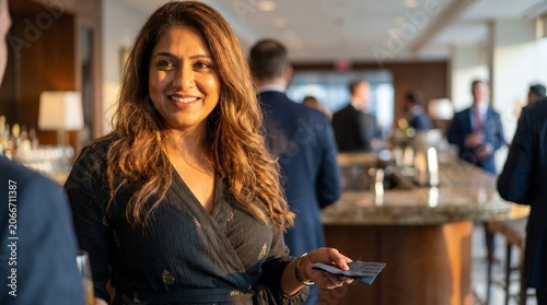 Professional woman holding a smartphone, smiling during a busy corporate event in a modern lounge or hotel lobby.