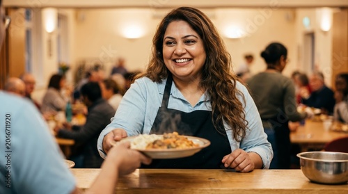 Happy female volunteer serving hot meals to people at a community soup kitchen. CSR, charity dining, and food donation program concept.