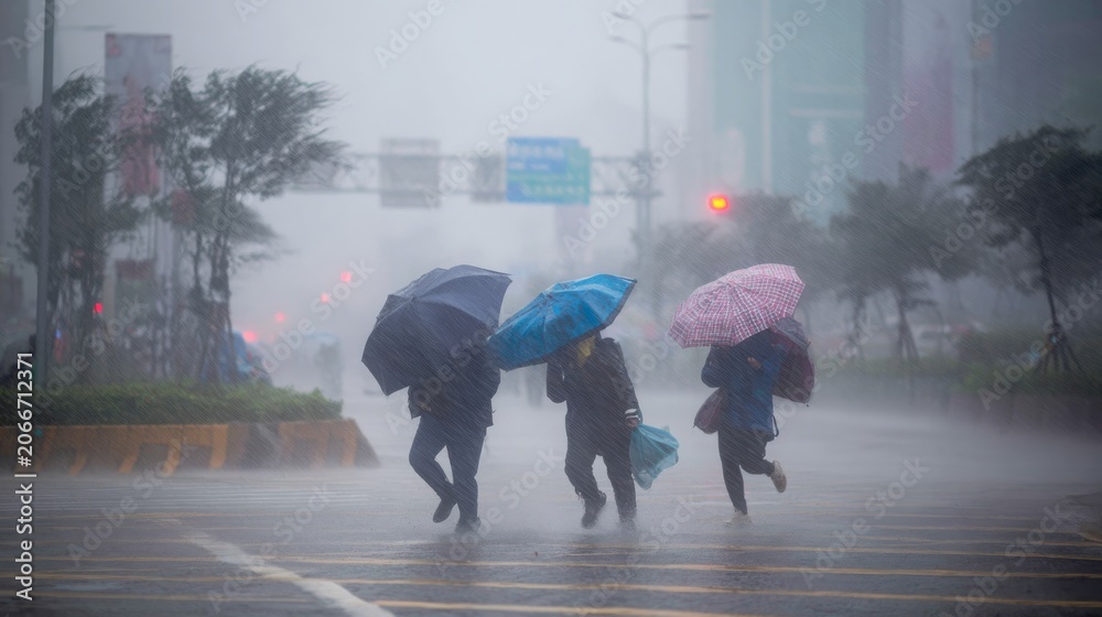 Fototapeta premium Typhoon storm rain wind pedestrians struggle walking weather extreme monsoon cyclone urban city street with people battling heavy rain and strong wind during severe typhoon landfall