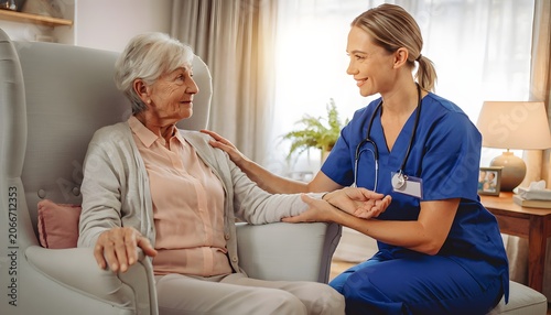 Female nurse checking pulse of an elderly woman at home