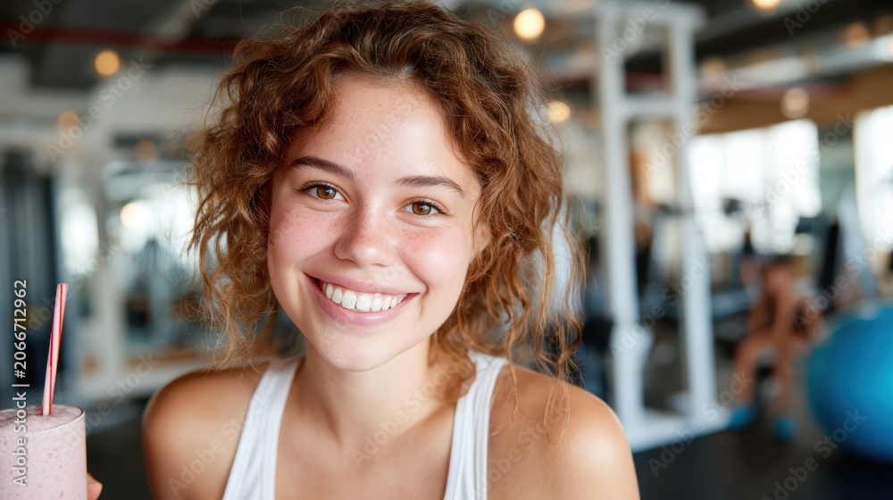 Fototapeta premium A bright and cheerful young woman holding a refreshing smoothie in a gym setting, radiating joy and health while capturing the essence of fitness and well-being.