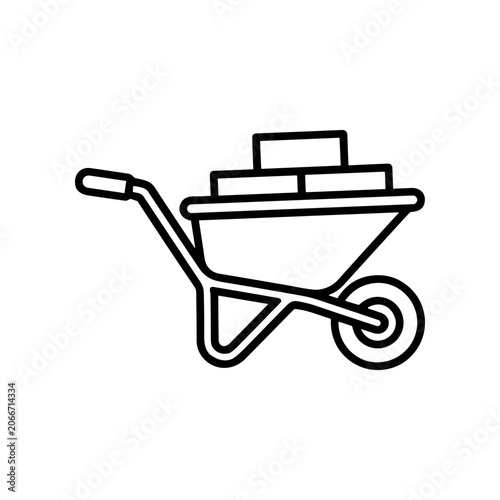 Black line icon of a wheelbarrow.