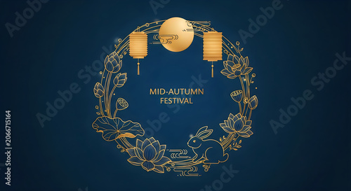 Minimalist mid autumn festival invitation card with golden lotus flowers and cute rabbit.