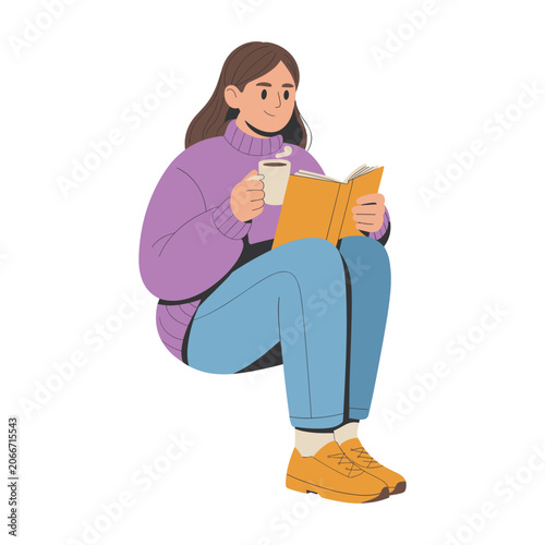 Young woman in a purple sweater sitting while reading a book and holding a warm mug of coffee in a flat vector illustration style for cozy lifestyle concepts